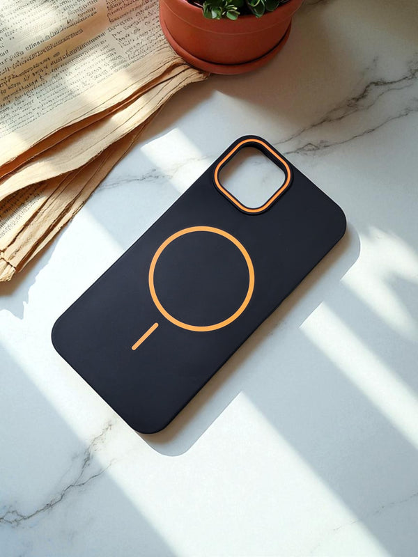 Black MagSafe Soft TPU Case with Orange Ring | Premium iPhone Cover - Cover Stall