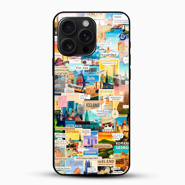World Wanderer Glass Phone Cover – Travel Collage Design - Cover Stall