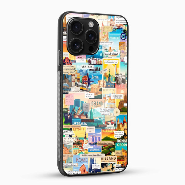 World Wanderer Glass Phone Cover – Travel Collage Design - Cover Stall