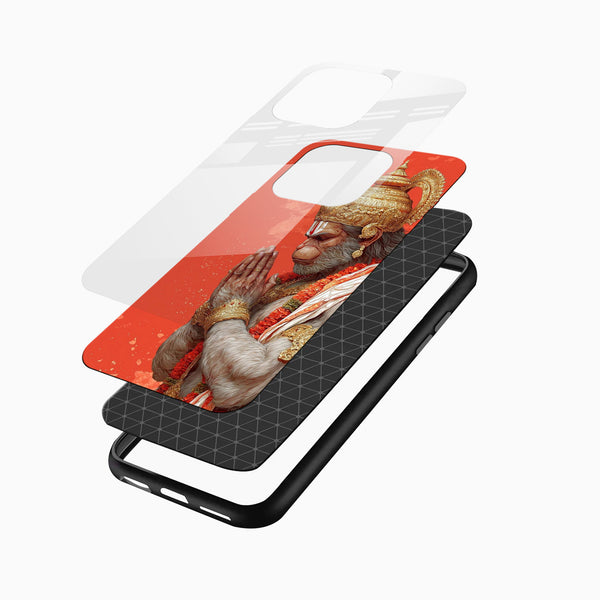 Spiritual Hanuman phone case with vibrant coral background and glossy finish