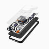 M20 Tech Blueprint Glass Mobile Cover displayed on a smartphone with a bold monochrome mechanical design.