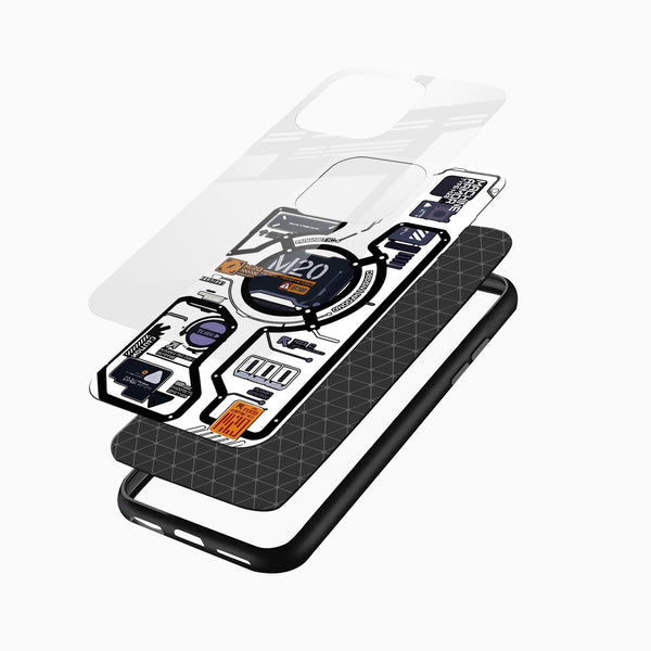 M20 Tech Blueprint Glass Mobile Cover displayed on a smartphone with a bold monochrome mechanical design.