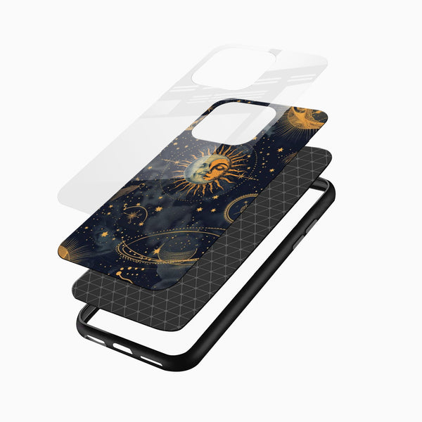 Celestial galaxy themed Sun and Moon mobile cover displayed on smartphone
