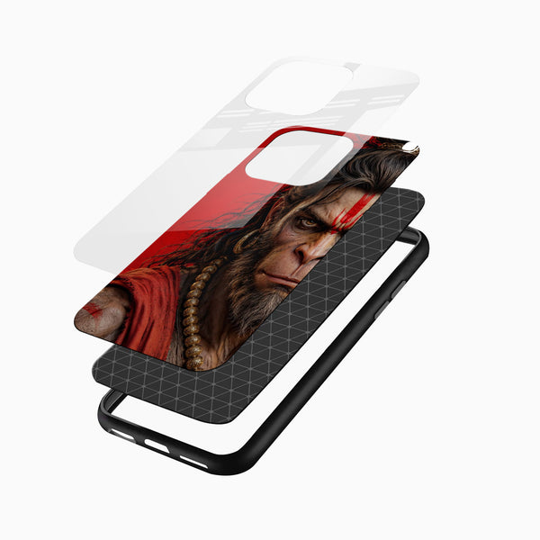 1. Lord Hanuman portrait printed glass mobile case with red artwork