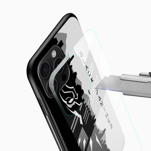 Premium Black Panther phone case close-up with detailed panther silhouette and geometric black-and-white design