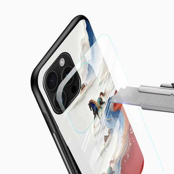 Premium tempered glass phone case with artistic blue horses and serene wave design