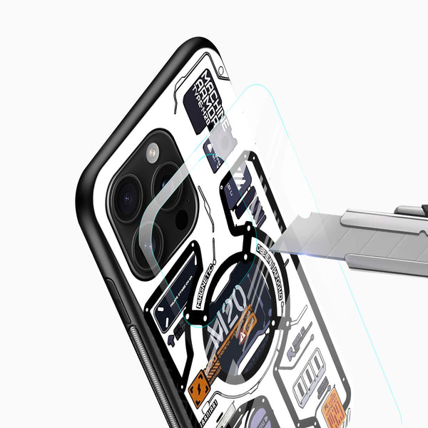 Close-up of M20 Tech Blueprint Glass Mobile Cover showing industrial components and technical illustrations.