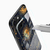 Dark blue celestial glass mobile cover with golden cosmic accents