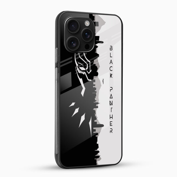 Black Panther Glass Mobile Cover angled view showing glossy finish and monochrome artwork