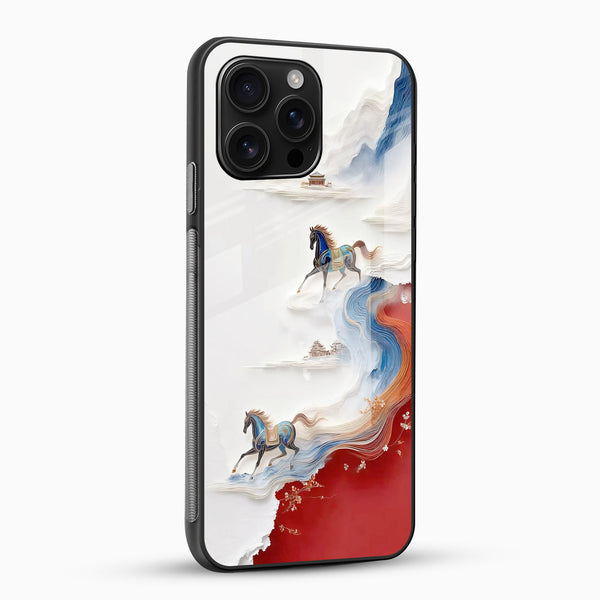 Close-up of blue horse mobile cover featuring elegant equestrian artwork and glossy finish