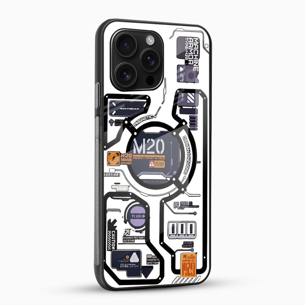 M20 Tech Blueprint mobile cover with detailed circuit-inspired design and glossy tempered glass finish.