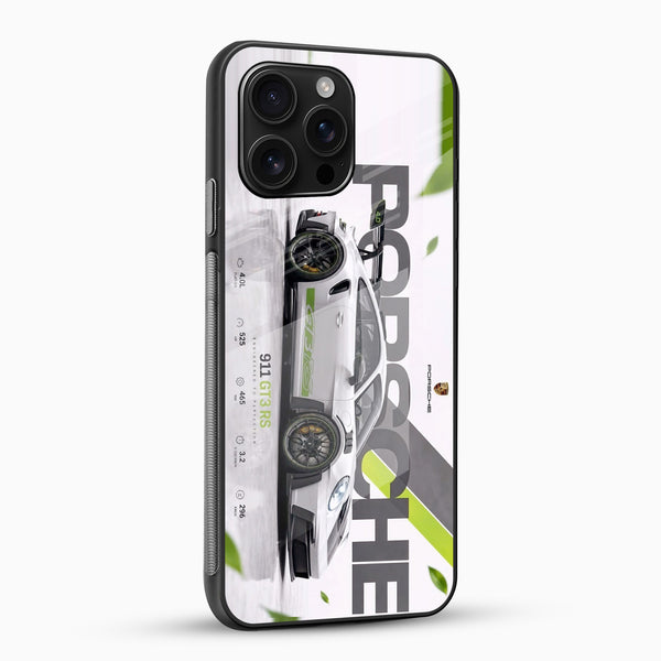 Porsche 911 GT3 RS artwork with lime green racing accents on glass mobile cover