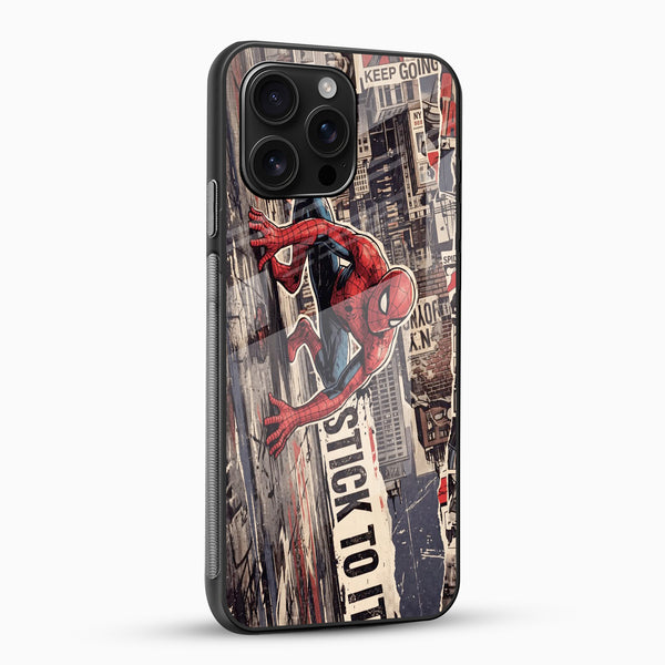 Spider-Man swinging through city design on premium glass mobile cover