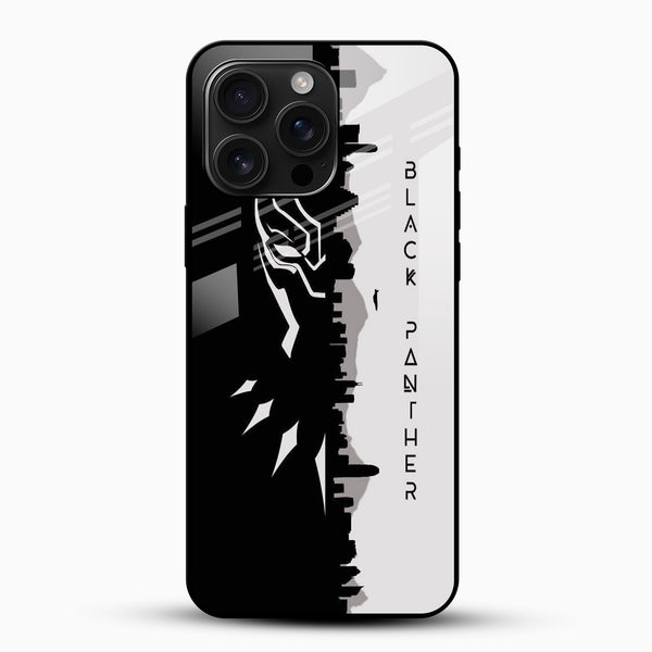 Black Panther Glass Mobile Cover front view featuring bold black-and-white panther silhouette design