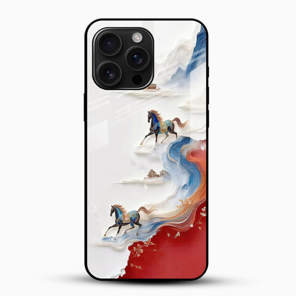 Majestic blue horse glass mobile cover with flowing waves and mountain-inspired artwork