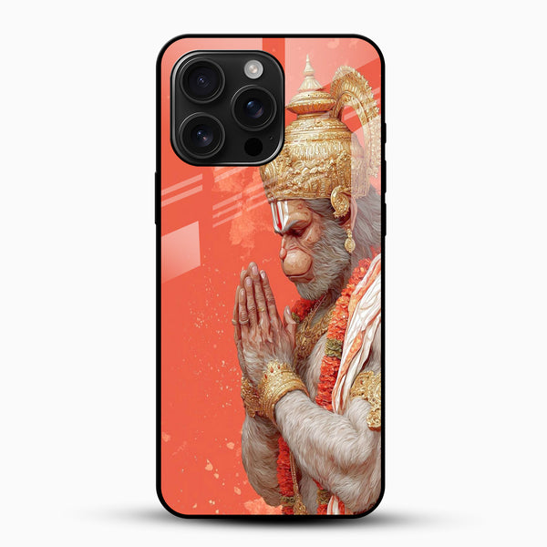 Divine Hanuman glass mobile cover with coral-orange background and prayer pose artwork