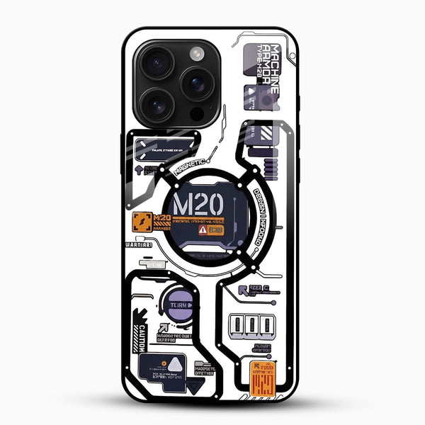 M20 Tech Blueprint Glass Mobile Cover featuring futuristic mechanical artwork in black, white, and purple.