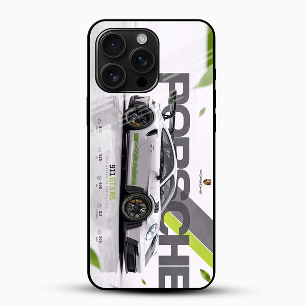 Porsche 911 GT3 RS Glass Mobile Cover with white sports car racing design