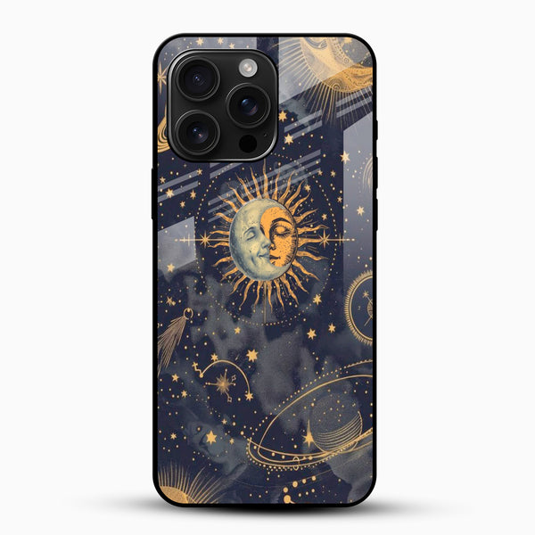 Celestial Sun and Moon Glass Mobile Cover with starry night design